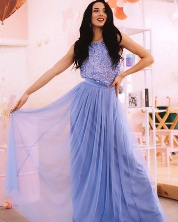 Платье в пол небесно-голубое,фатин,верх расшит пайетками - Yes Dress