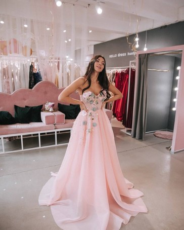 Платье пышное розового цвета бандо, расшито цветами - Yes Dress